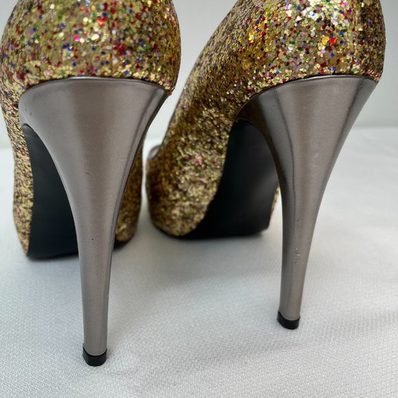 Guess Glitter Multicolor Gold Peep Toe Platform Heels Holiday Women's Size 9M - Picture 9 of 16